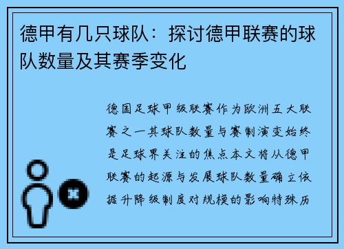 德甲有几只球队：探讨德甲联赛的球队数量及其赛季变化