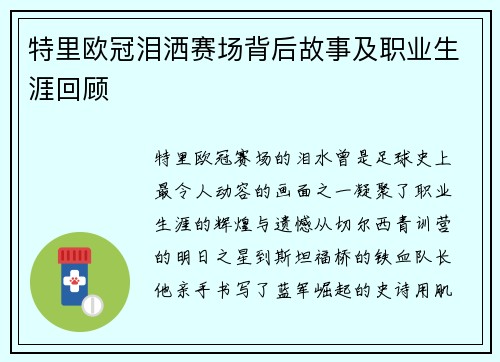 特里欧冠泪洒赛场背后故事及职业生涯回顾